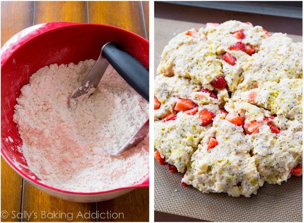 2 images of strawberry scone dough in a bowl and formed into a circle cut into triangles