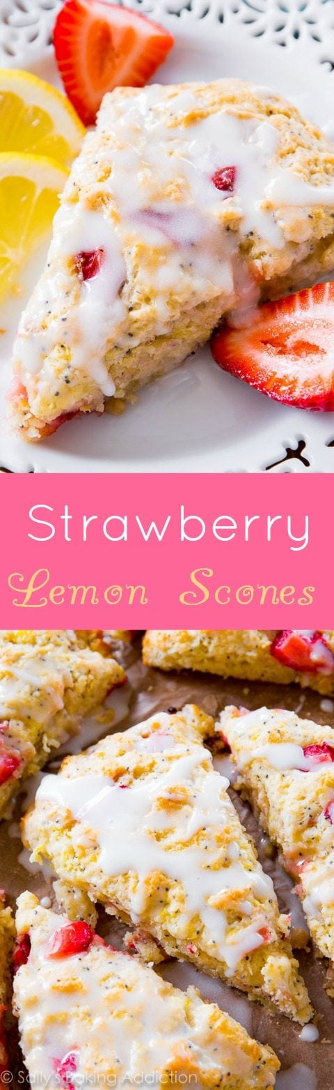 2 images of strawberry lemon poppy seed scones with lemon icing