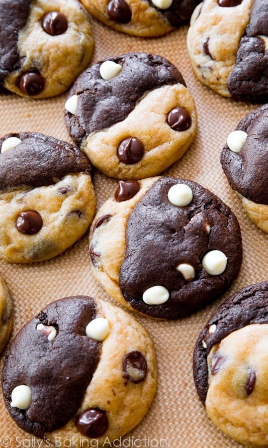 double chocolate chip swirl cookies on a silpat baking mat