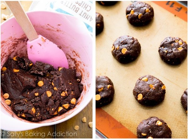 2 images of flourless peanut butter brownie cookie dough in a pink bowl and cookie dough balls on a silpat baking mat