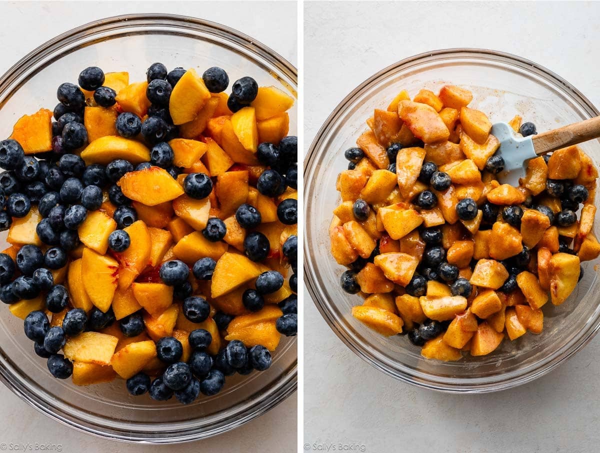 blueberries and peaches in bowl and shown again tossed with other filling ingredients.