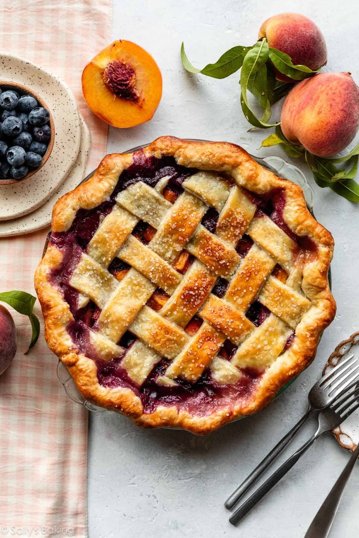 blueberry peach pie with fresh peaches.