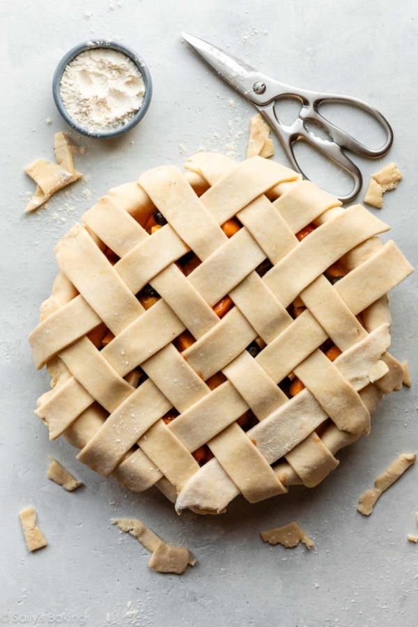 pie with lattice pie dough strips on top.