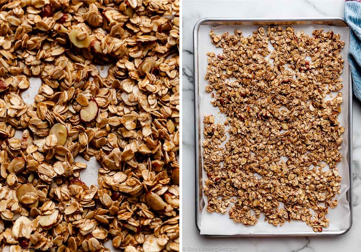 close-up of wet granola oat mixture before baking.