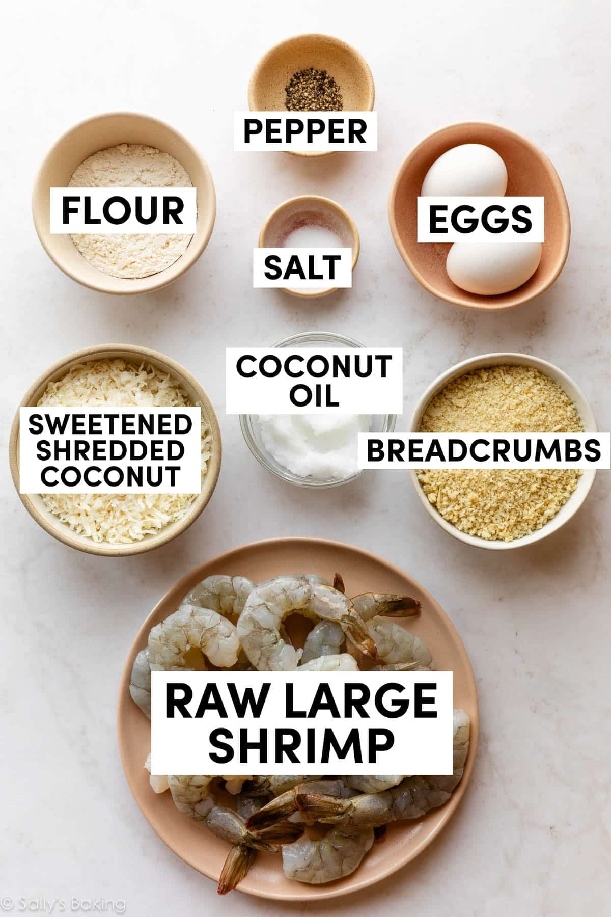 ingredients in bowls including flour, breadcrumbs, coconut and salt.