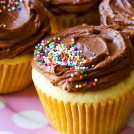 yellow cupcakes topped with milk chocolate frosting and sprinkles