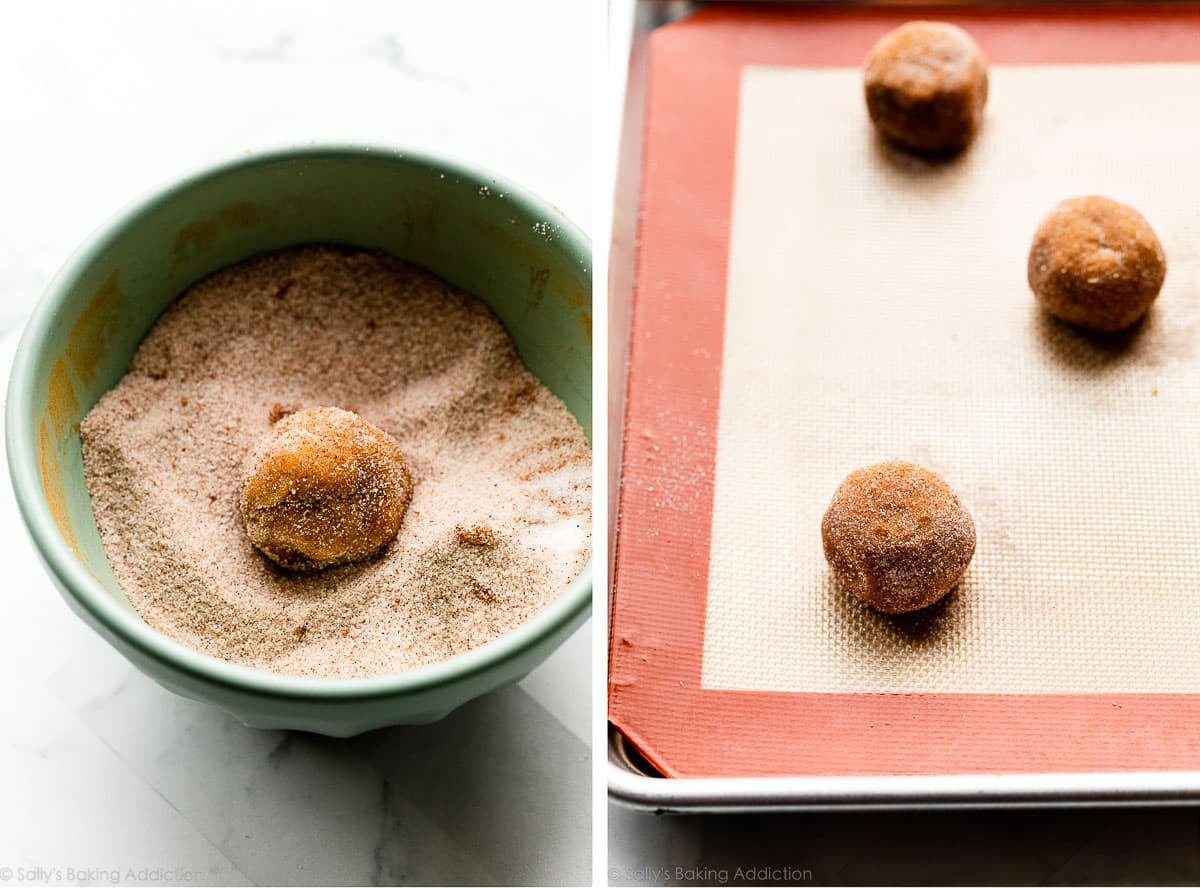 pumpkin cookie dough rolled in cinnamon sugar and arranged on cookie sheet.