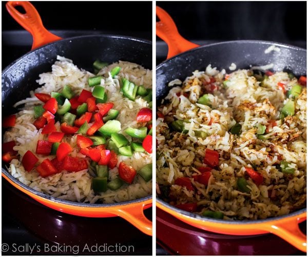 2 images of hash browns with peppers on top before and after sautéing