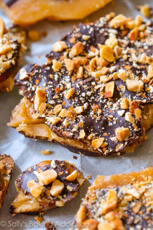 pieces of salted dark chocolate almond toffee