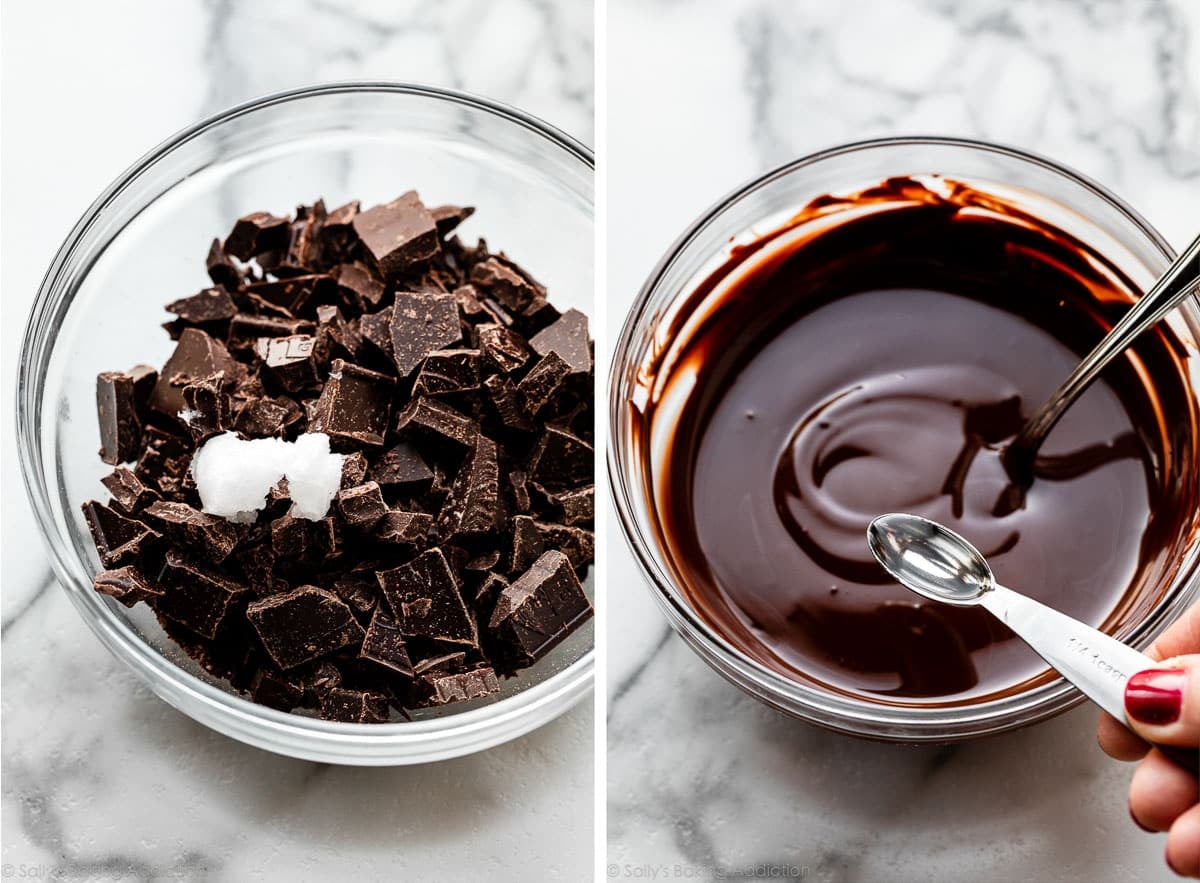chopped chocolate and coconut oil in bowl and shown again melted with a quarter teaspoon held over it.