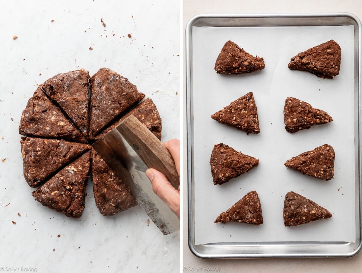 cutting chocolate dough into triangles.