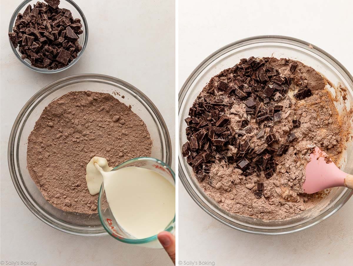 pouring cream mixture into dry ingredients and shown again with chocolate chunks on top.