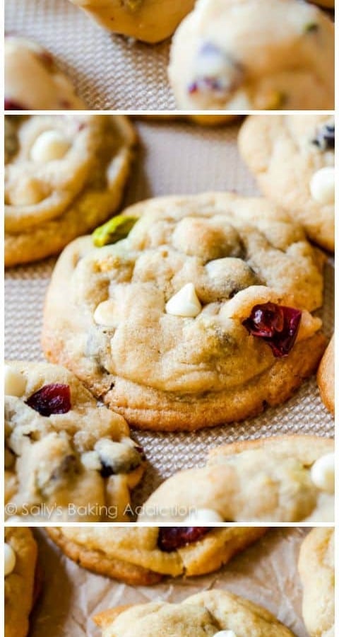 3 images of white chocolate cranberry pistachio cookies including cookie dough balls and baked cookies