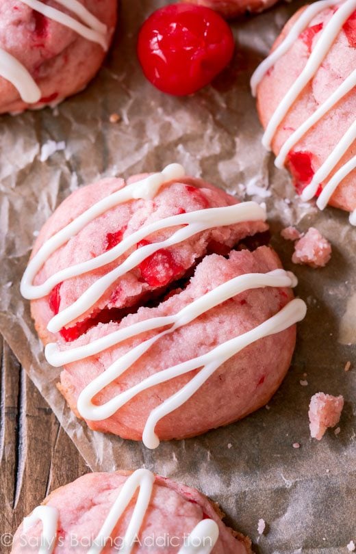 cherry almond shortbread cookies with white chocolate drizzle