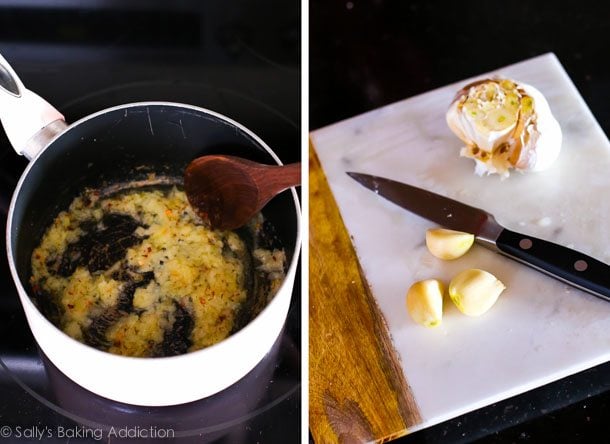 2 images of sautéed onions, spices, and butter in a saucepan on the stove and garlic cloves on a cutting board