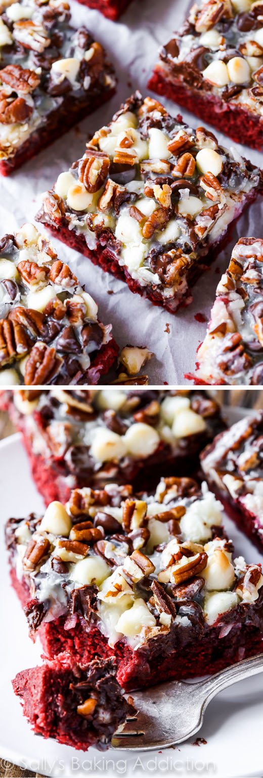 2 images of red velvet seven layer bars