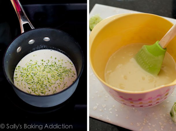 2 images of key lime truffle filling in a saucepan and in a yellow bowl with a spatula