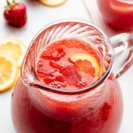 pitcher of homemade strawberry lemonade.