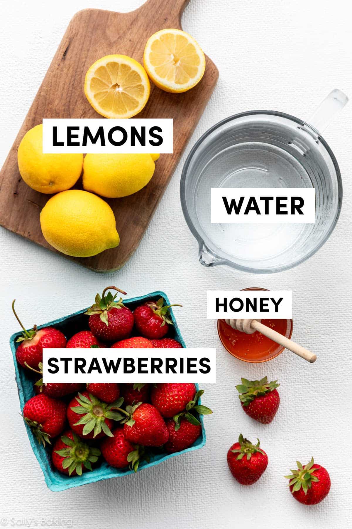 ingredients including lemons, water, strawberries, and honey.