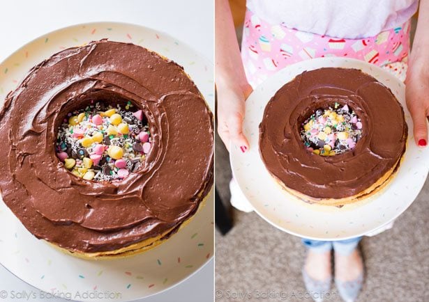2 images of piñata cake without top layer of cake showing the circle cut out of the center filled with candies