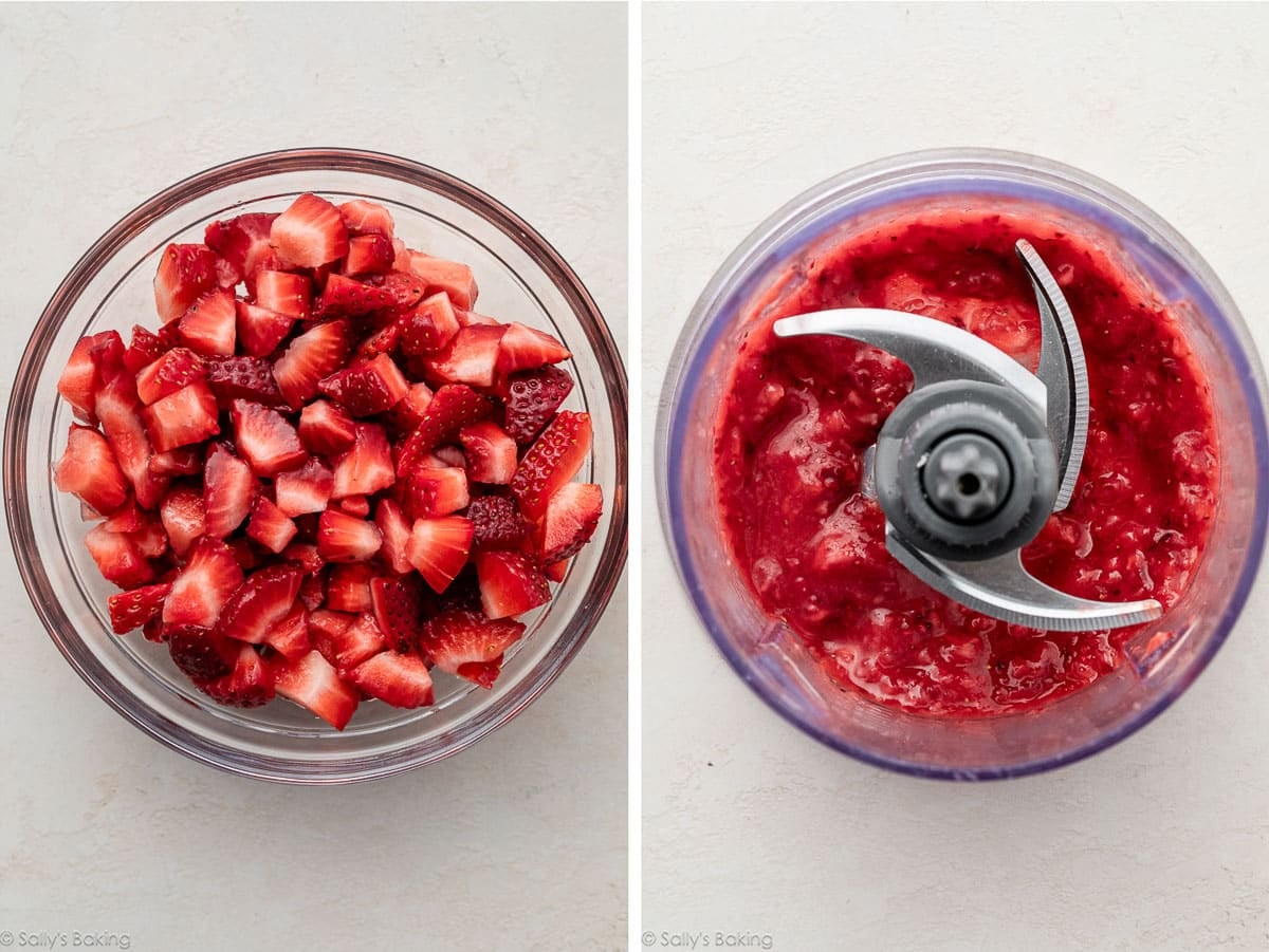 chopped strawberries in bowl and shown again pureed in a food processor.