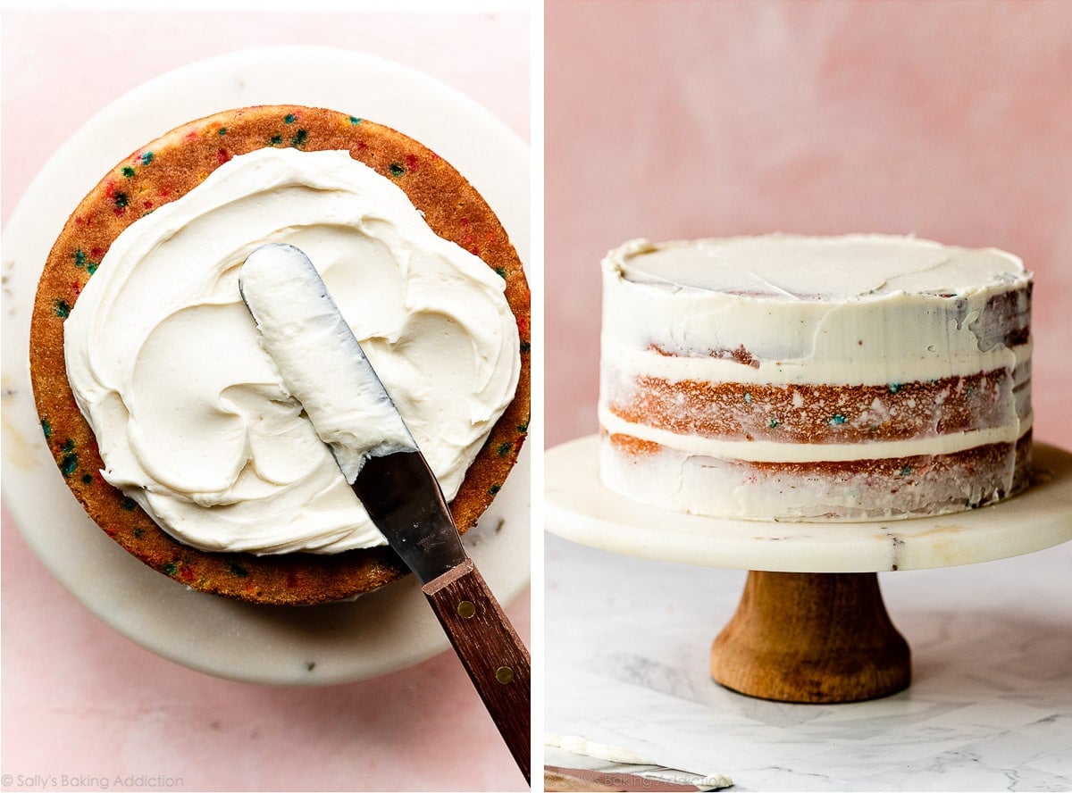 vanilla buttercream being spread on top of cake and another photo showing crumb-coated cake.