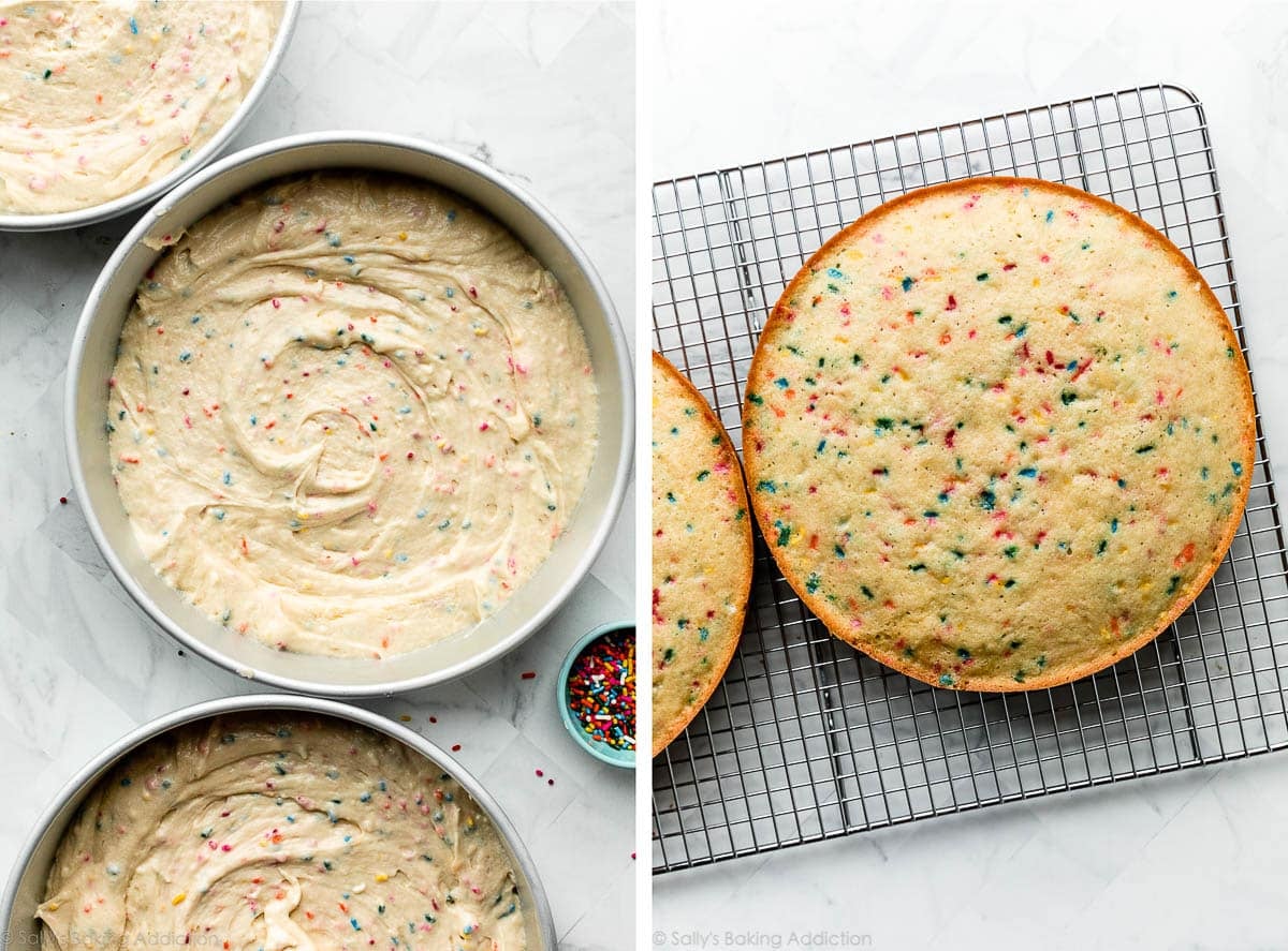 sprinkle cake batter in cake pans and baked cake shown on wire cooling rack.