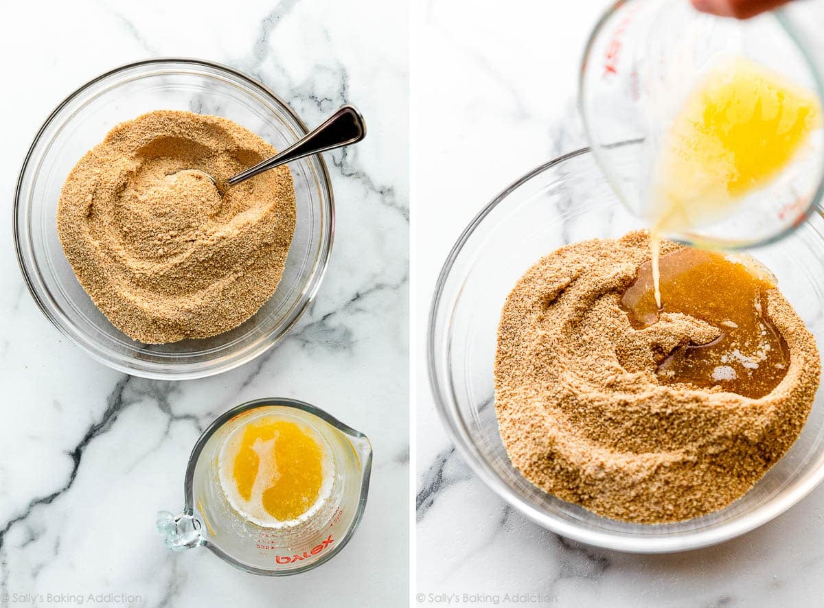 graham cracker crumbs in bowl and melted butter in liquid measuring cup.