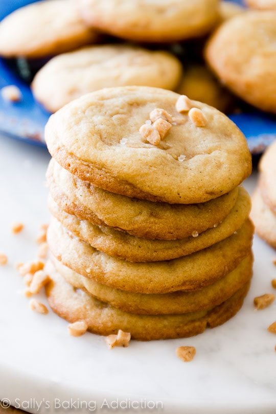 stack of salted vanilla toffee cookies
