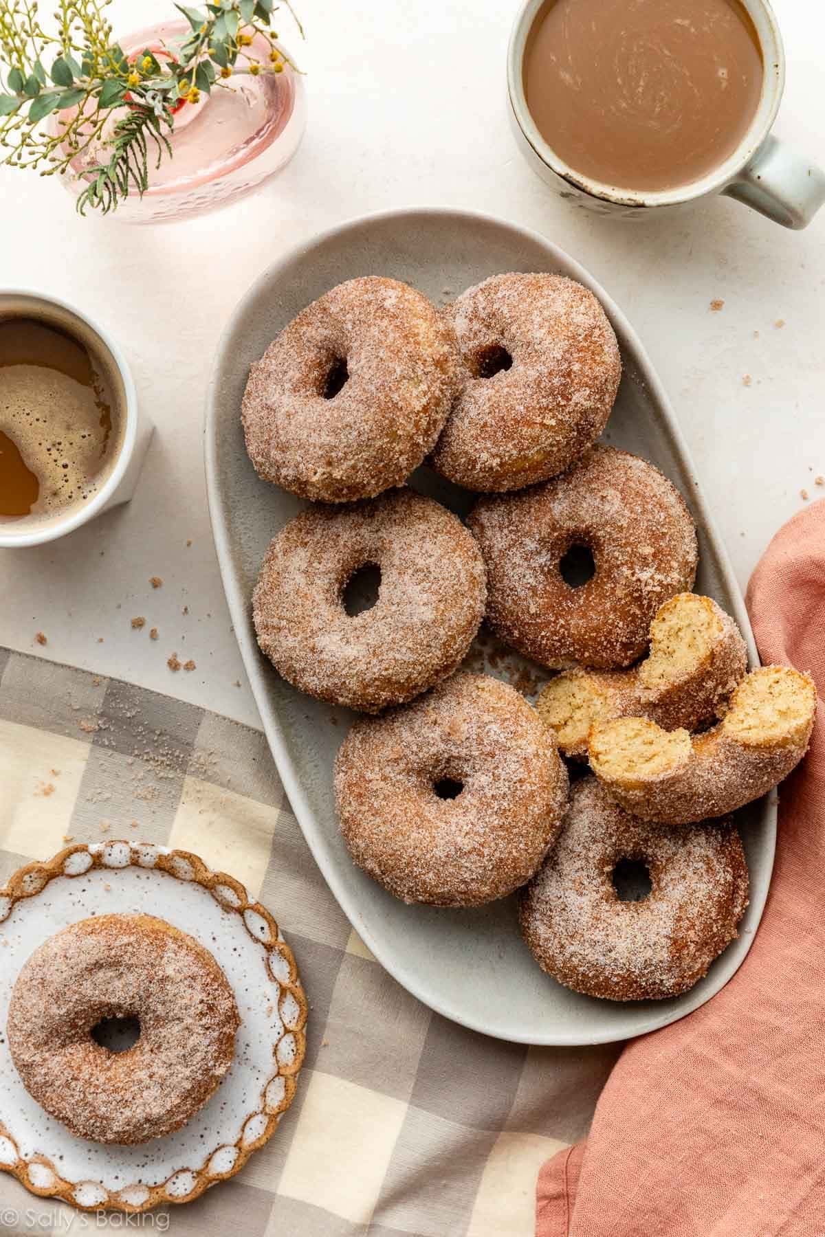 cinnamon sugar donuts on oval platter.