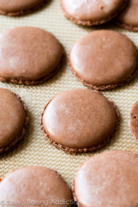 chocolate macaron shells on a silpat baking mat