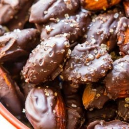 Dark chocolate sea salt almonds in a bowl