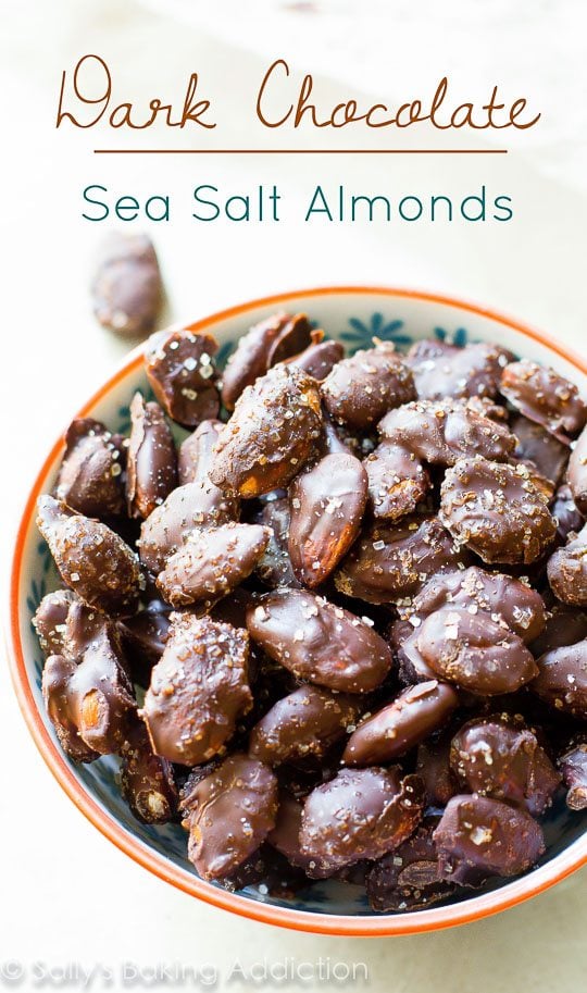 Dark chocolate sea salt almonds in a bowl