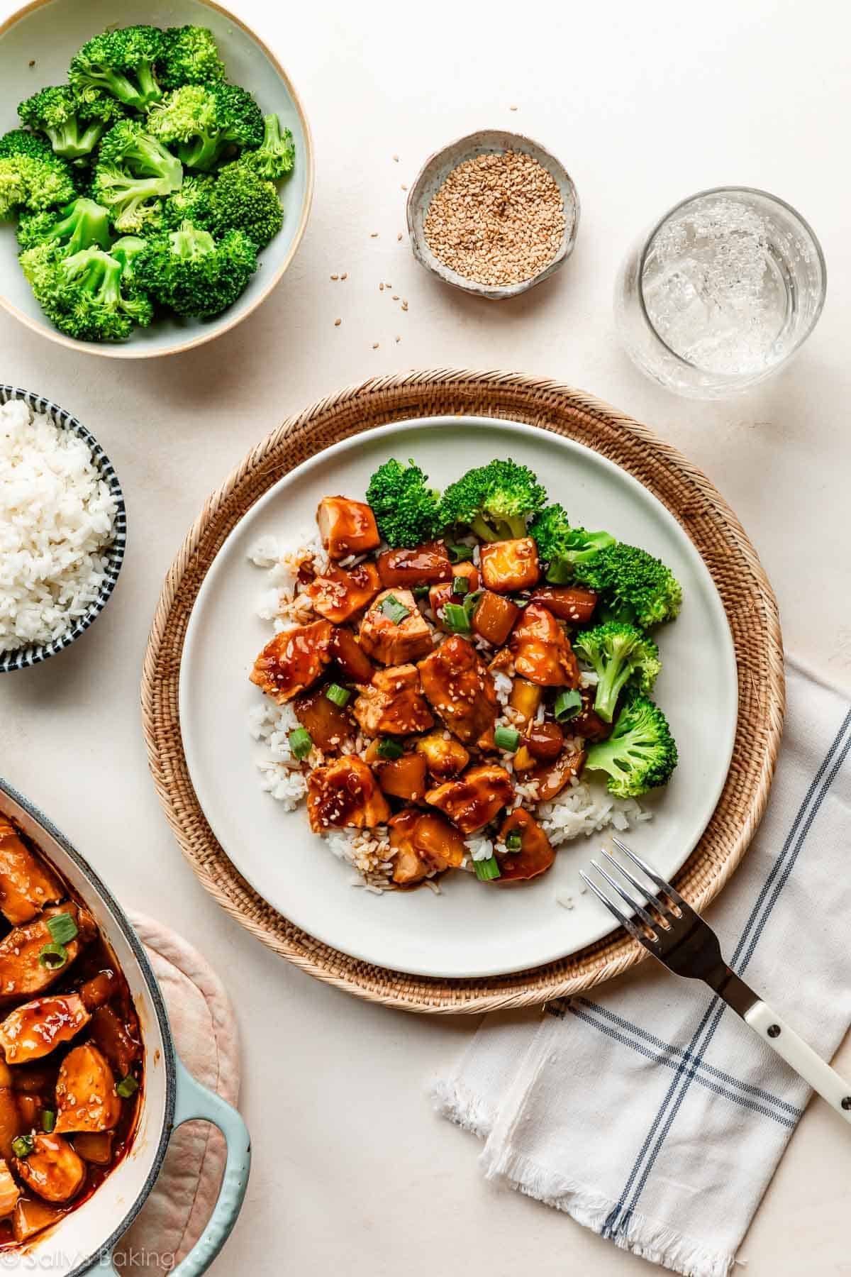 baked chicken teriyaki with pineapple, broccoli, and white rice.