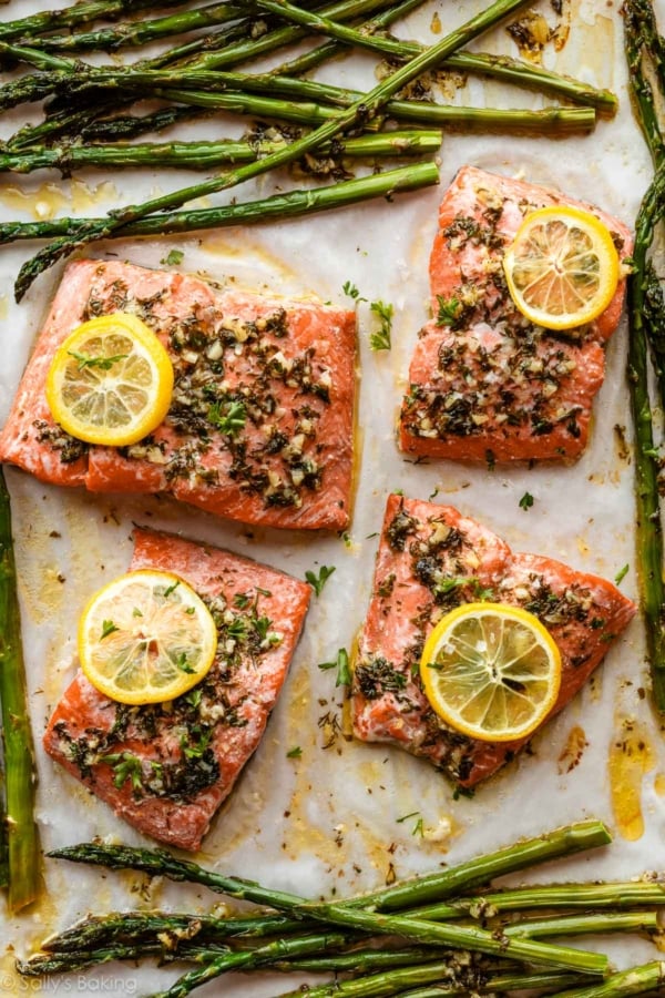 baked lemon garlic salmon and asparagus sheet pan.