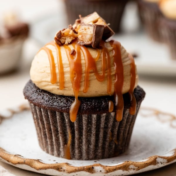 snickers cupcake on plate.