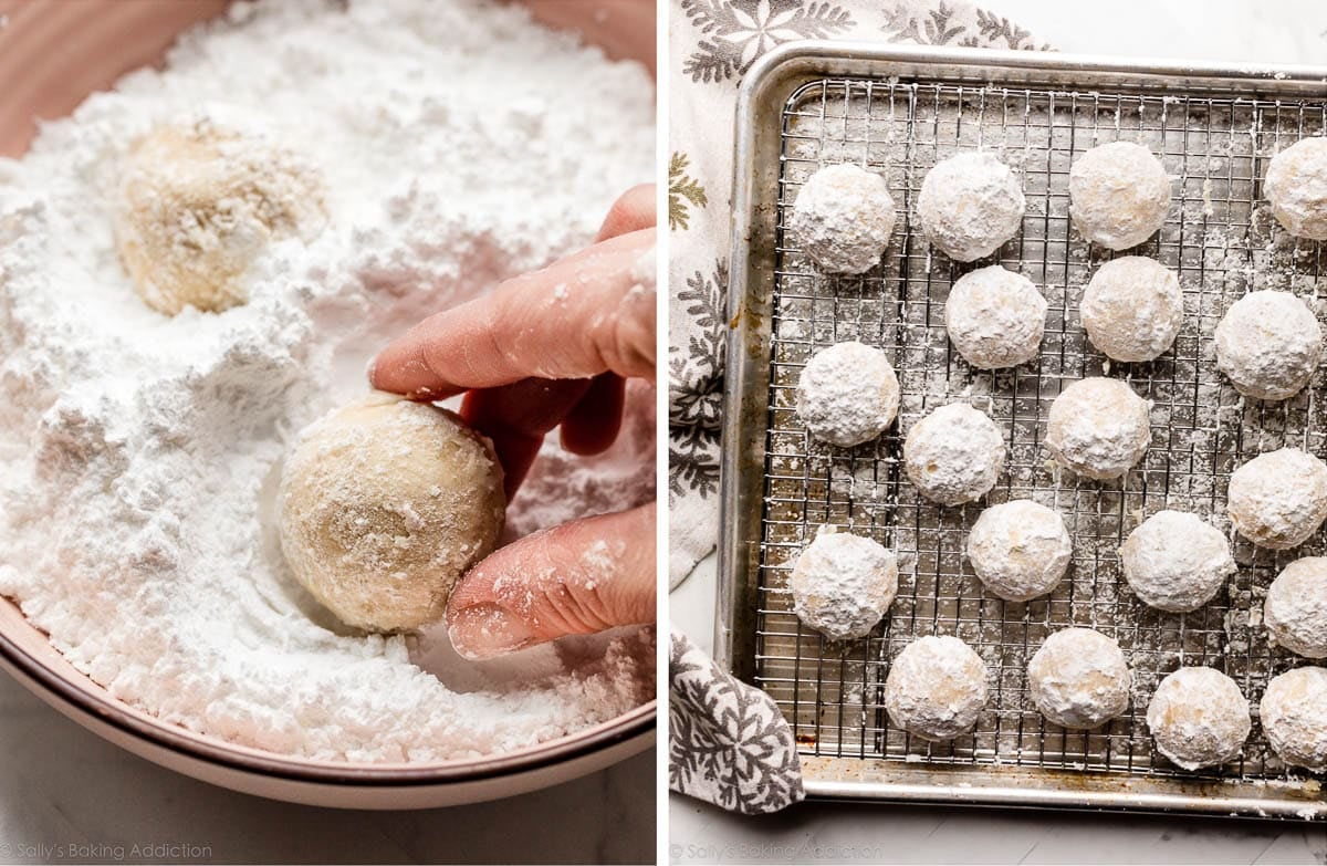 rolling cookies in confectioners' sugar and cookies shown again on cooling rack.