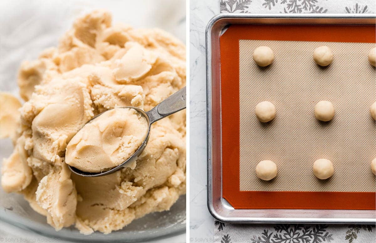 spoonful of cookie dough and dough balls lined on cookie sheet.