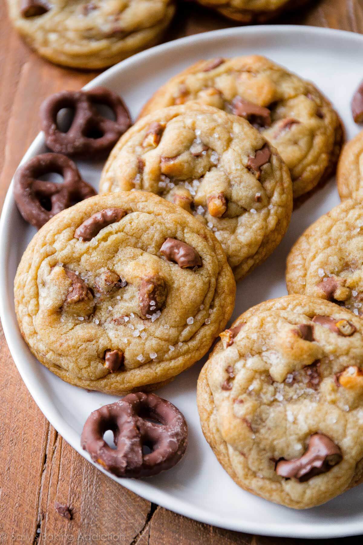 chocolate covered pretzel cookies on a white plate