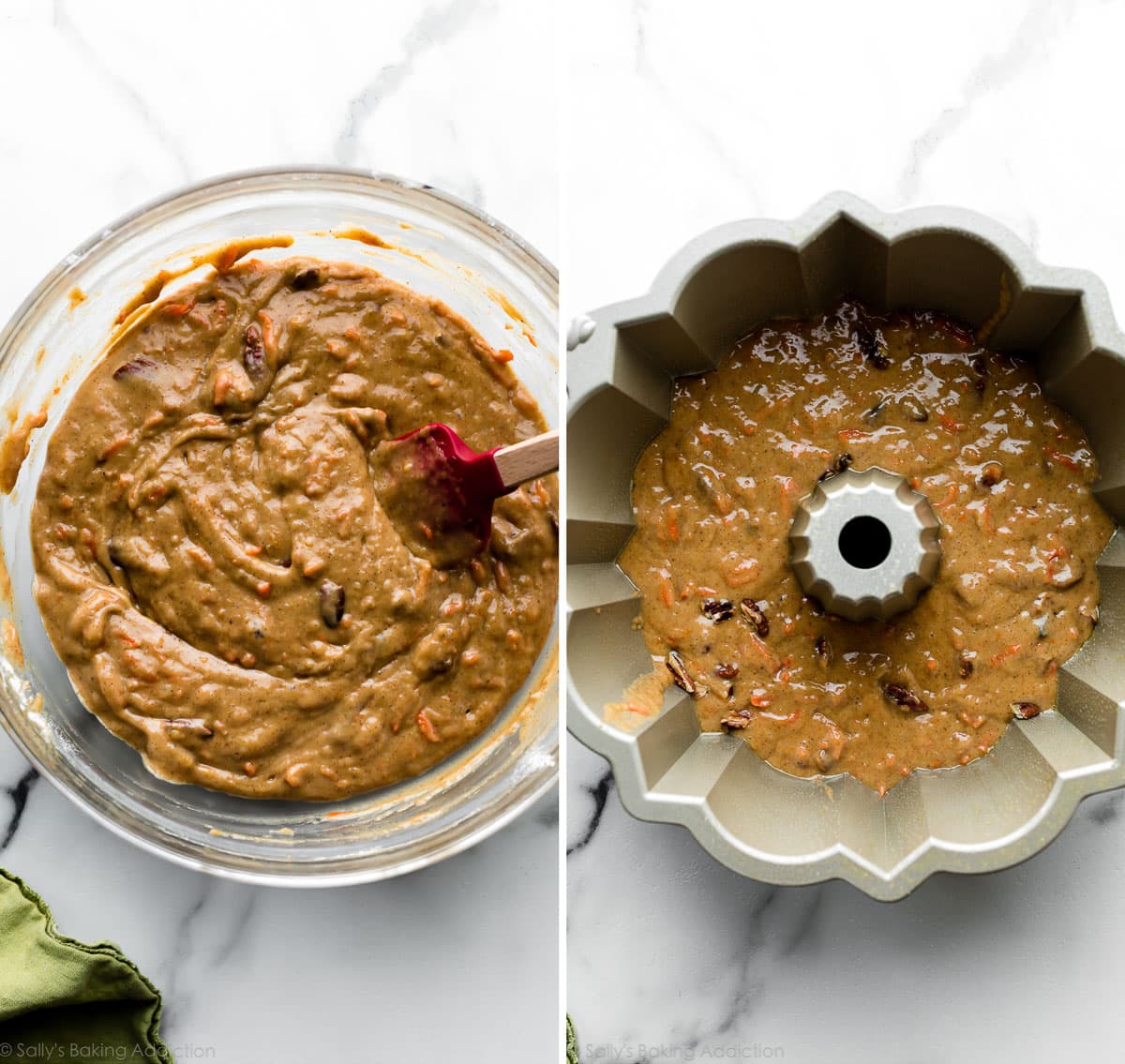 carrot cake batter in bowl and shown in Bundt pan