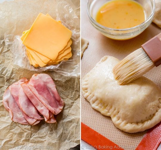 2 images of ham and cheese slices and brushing egg wash onto a ham and cheese pocket