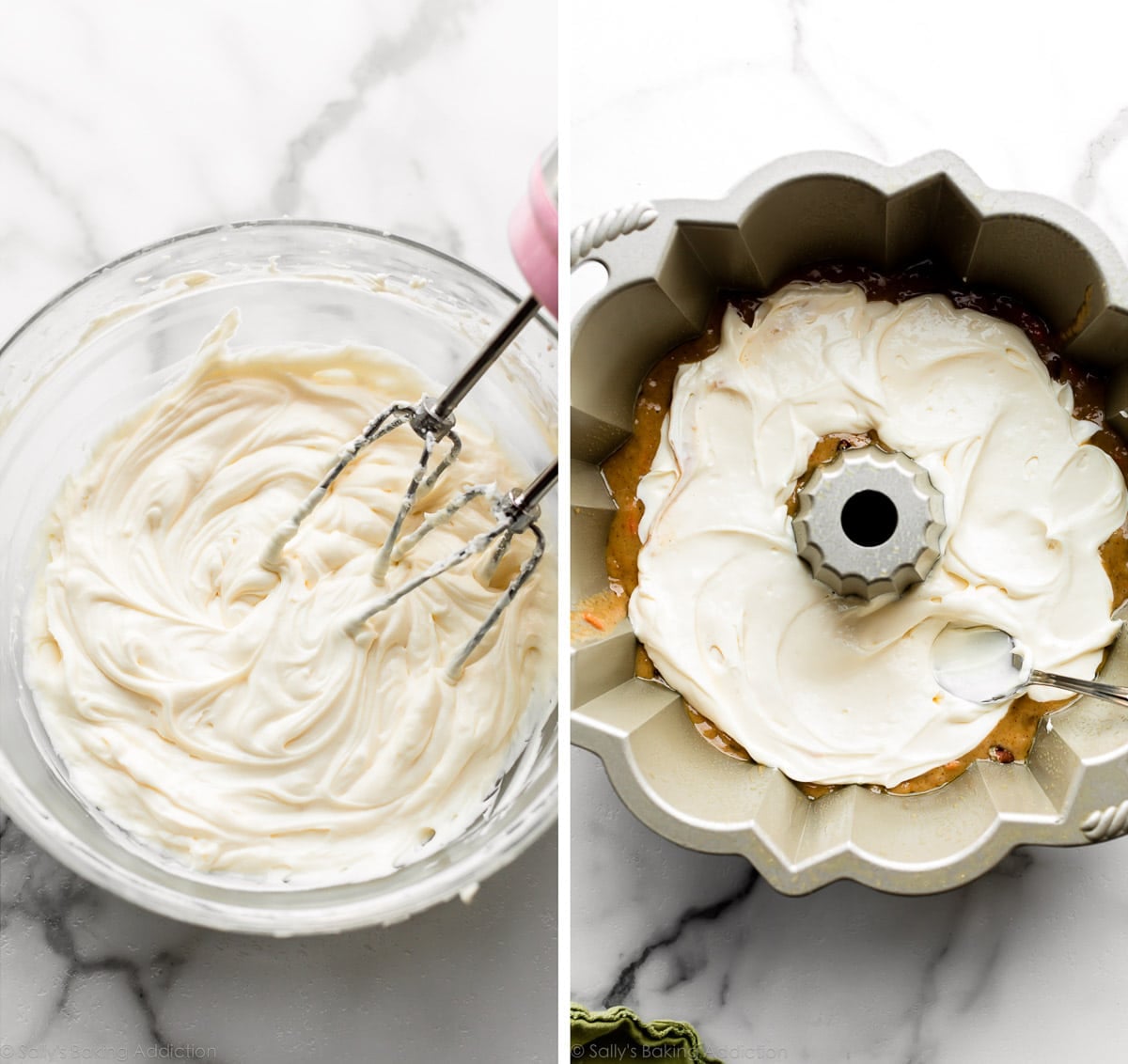 cheesecake mixture layered in Bundt pan