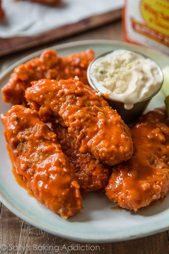 buffalo chicken fingers on a blue plate