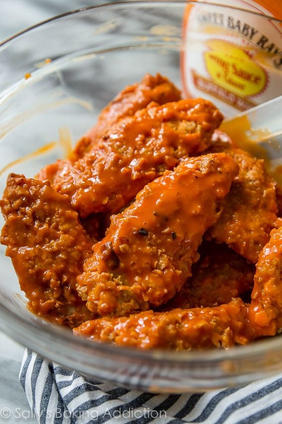 buffalo chicken fingers in a glass bowl