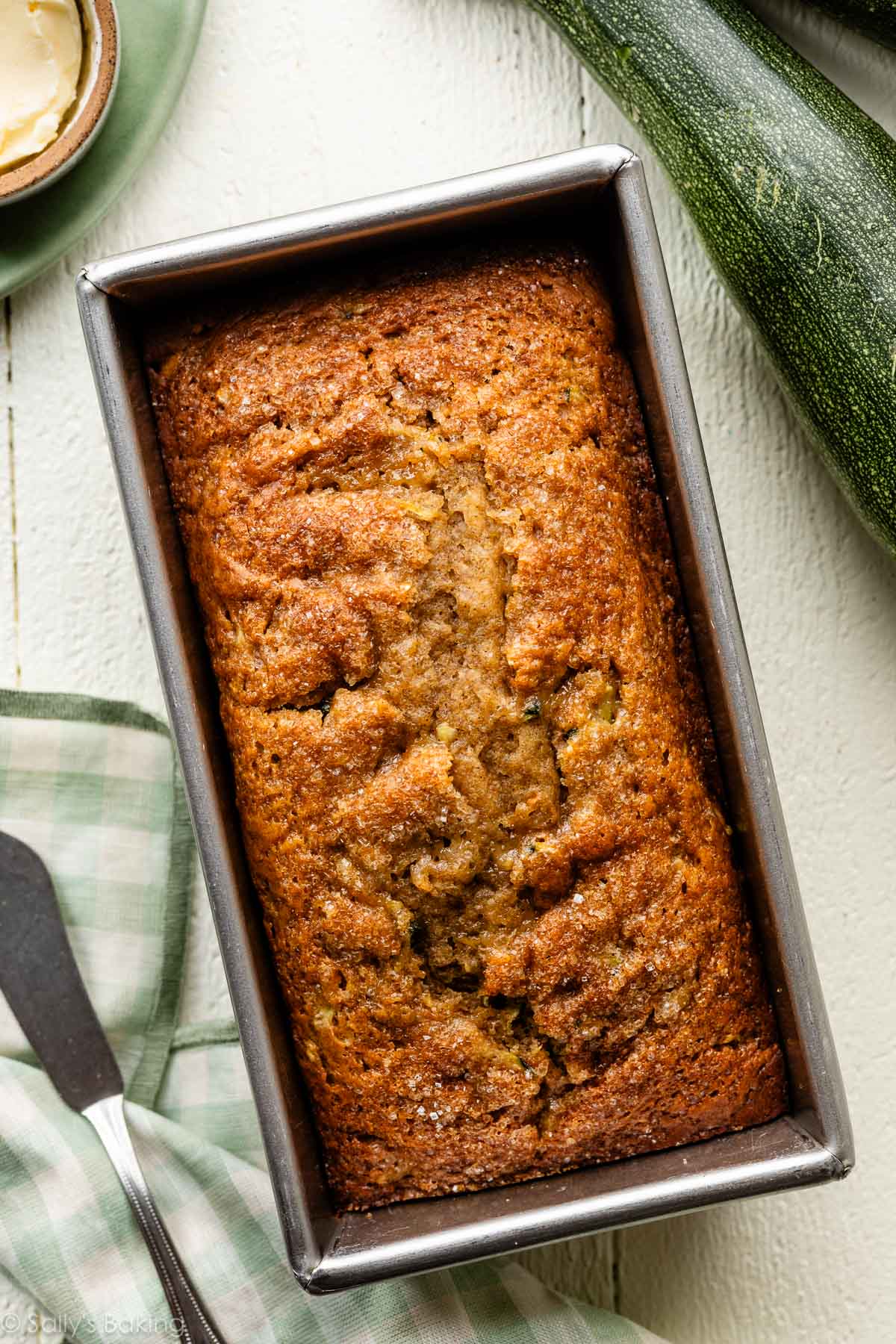 greek yogurt zucchini bread in loaf pan.
