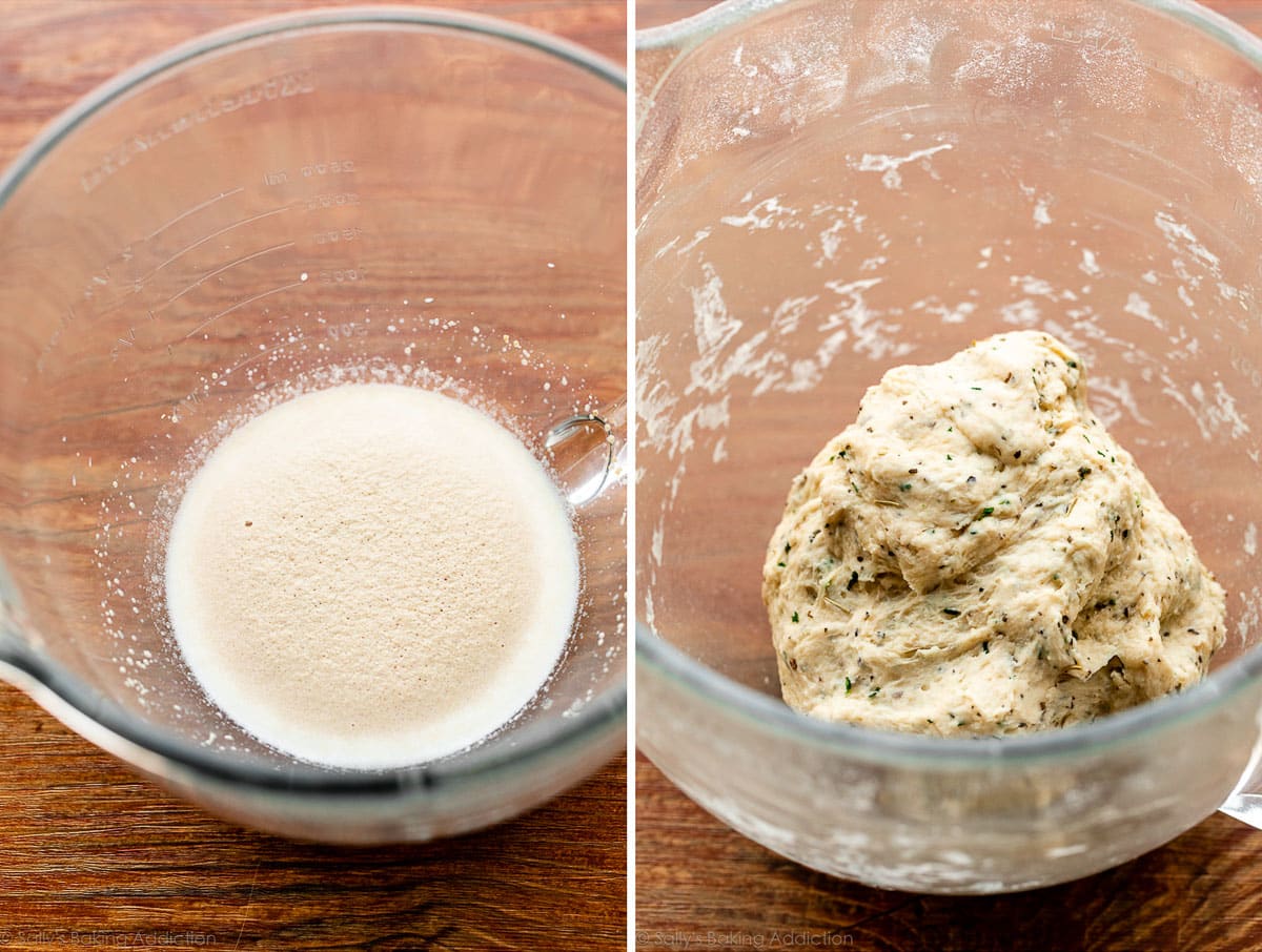 yeast proofing in glass bowl and finished dough