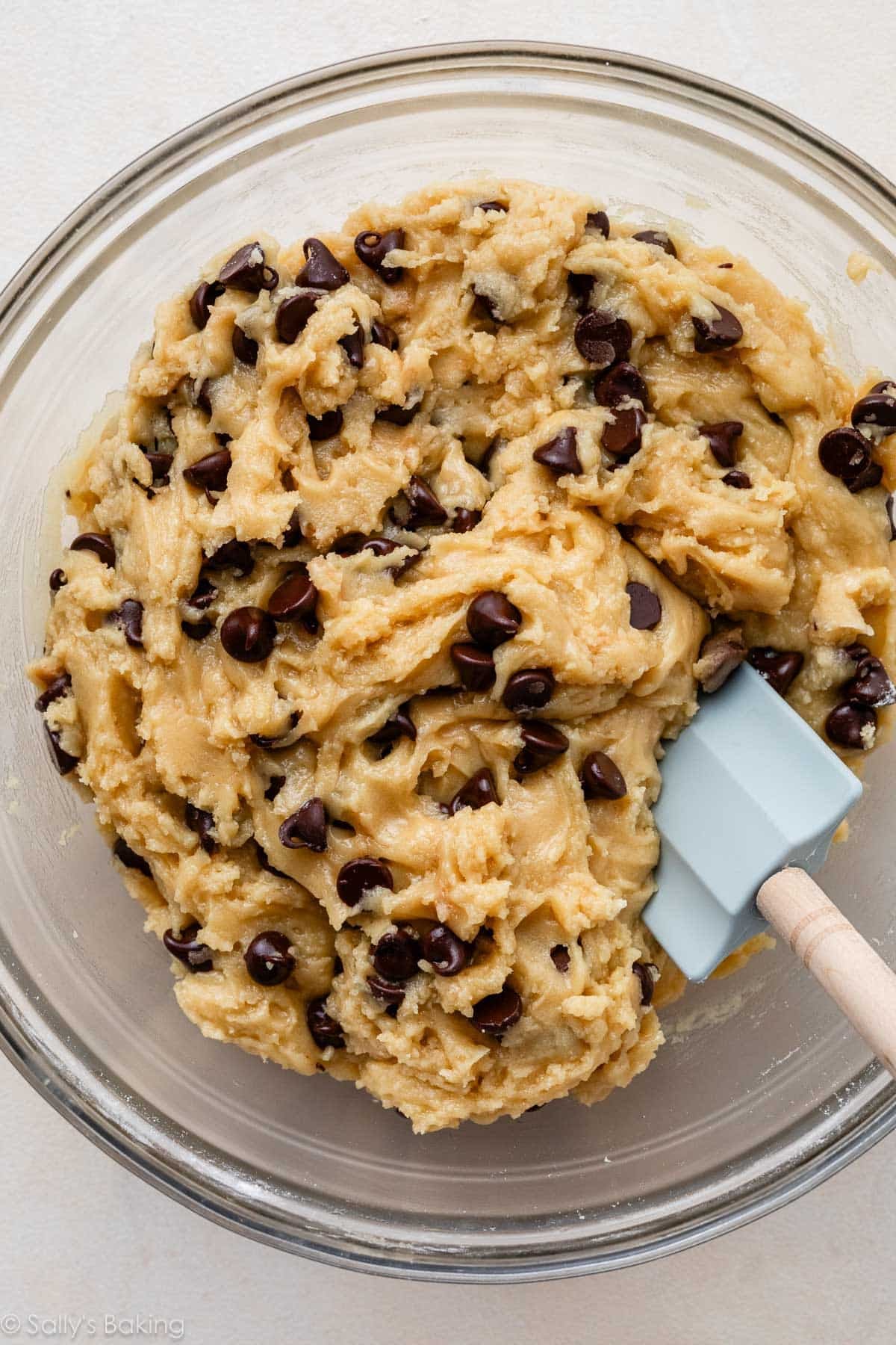cookie dough in glass bowl.