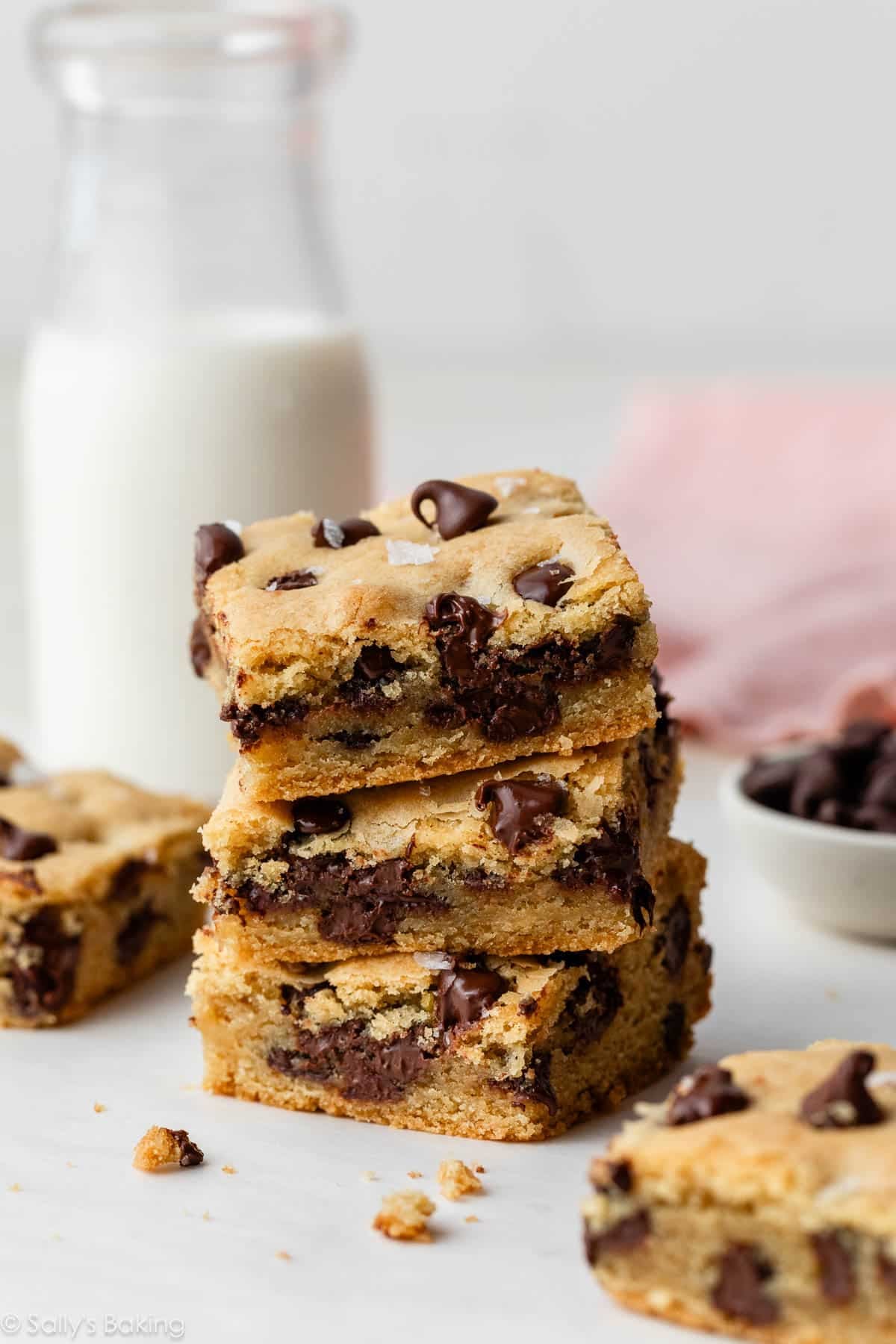 stack of chocolate chip cookie bars.