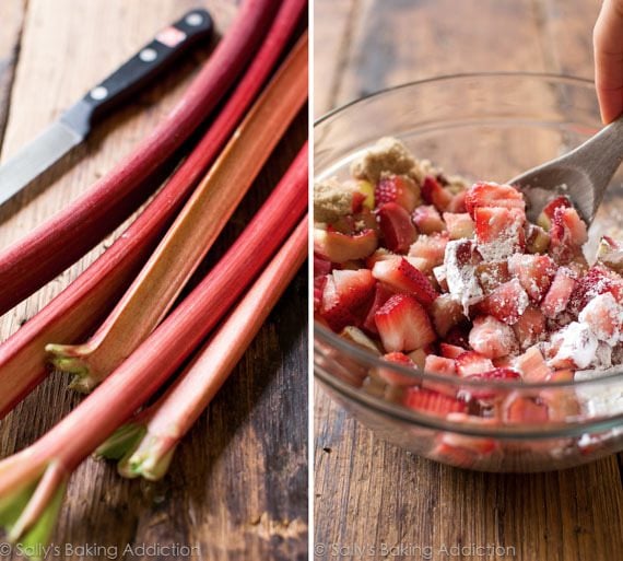 2 image of rhubarb stalks and strawberry rhubarb pie filling in a glass bowl