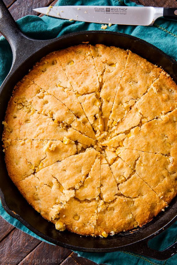 sliced cornbread in a skillet